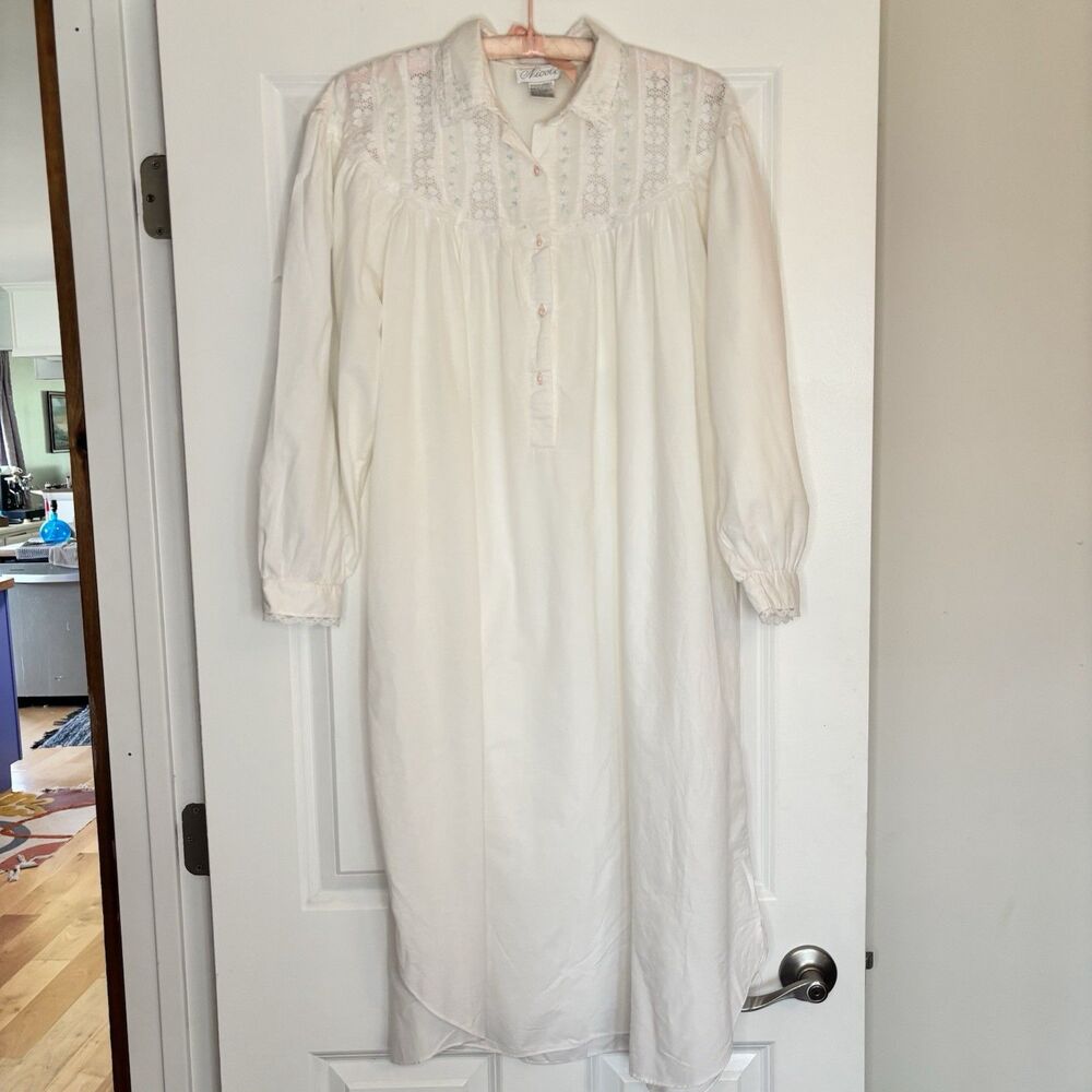 Vintage Cotton, Nicole Nightgown Long Sleeve Cottage Prairie Ruffle Lace Size L